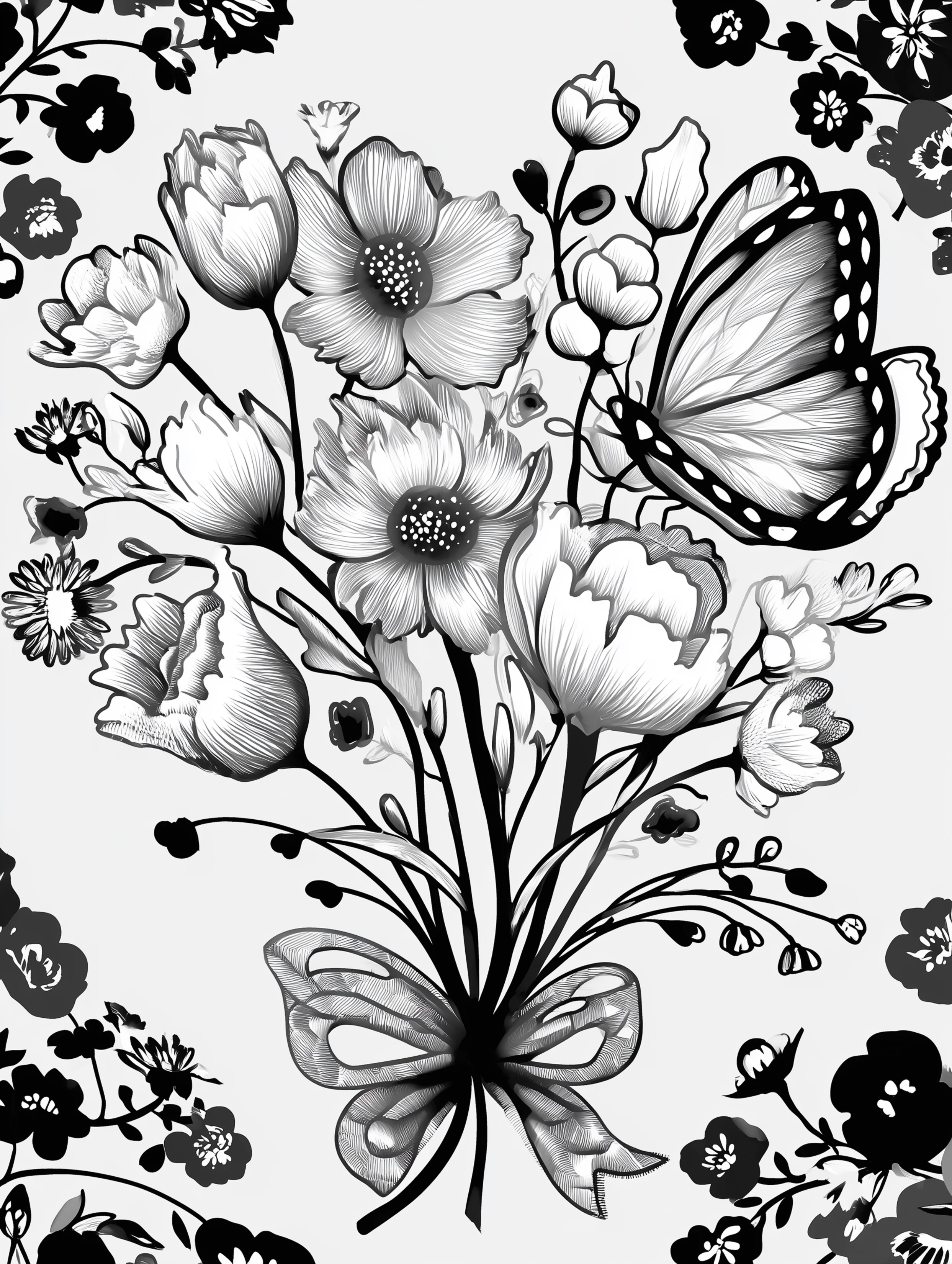 Free printable butterfly coloring page for adults featuring a butterfly on a bouquet